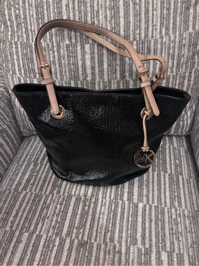 Michael Kors Black Patent Leather Tote with Beige Straps and Gold MK Charm